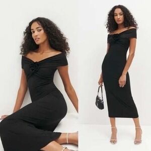 Reformation Black Off The Shoulder Sweetheart Ruched Knot Dress Womens M NWT